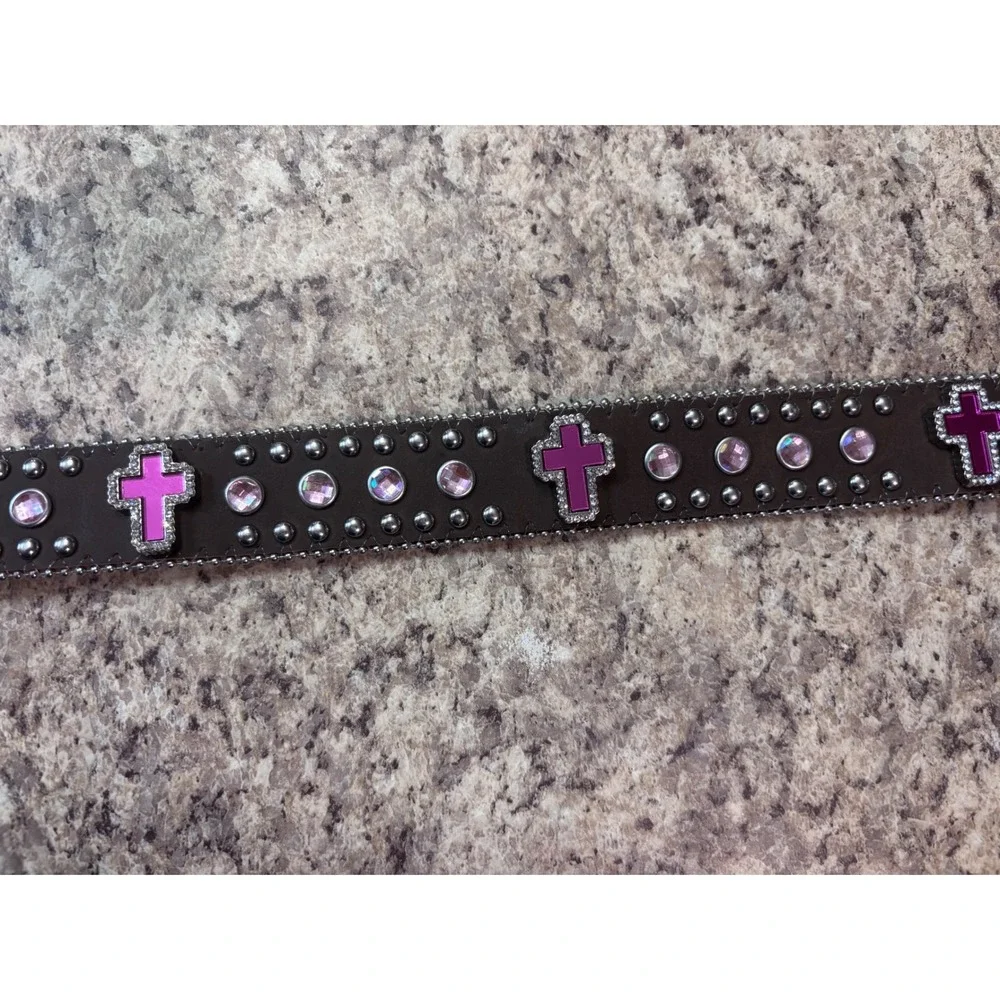 Girl's Western Belt Pink Rhinestone Cross Studded Silver Buckle 26.5 Inch
